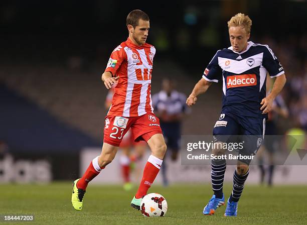 Mate Dugandzic of the Heart controls the ball during the round one A-League match between the Melbourne Victory and the Melbourne Heart at Etihad...