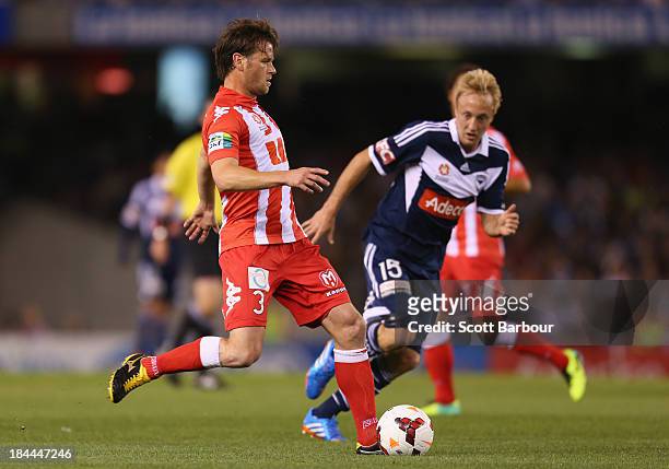 Rob Wielaert of the Heart passes the ball during the round one A-League match between the Melbourne Victory and the Melbourne Heart at Etihad Stadium...