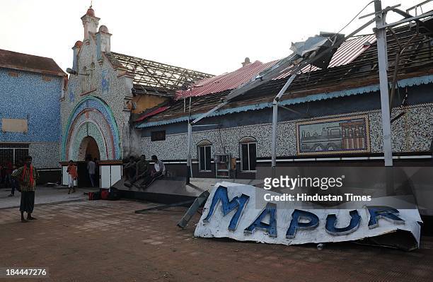 Destroyed railway station platform roof following strong winds that went upto a speed of 220 kmph during cyclone Phailin on October 14, 2013 in...