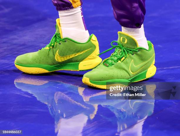 LeBron James of the Los Angeles Lakers wears Nike shoes as he warms up for the championship game of the inaugural NBA In-Season Tournament against...