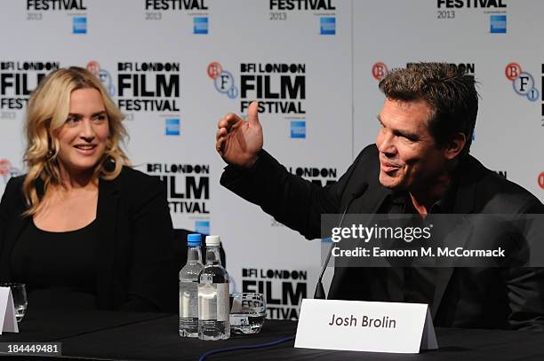 Actors Kate Winslet and Josh Brolin attend the press conference for "Labor Day" during the 57th BFI London Film Festival at The Mayfair Hotel on...