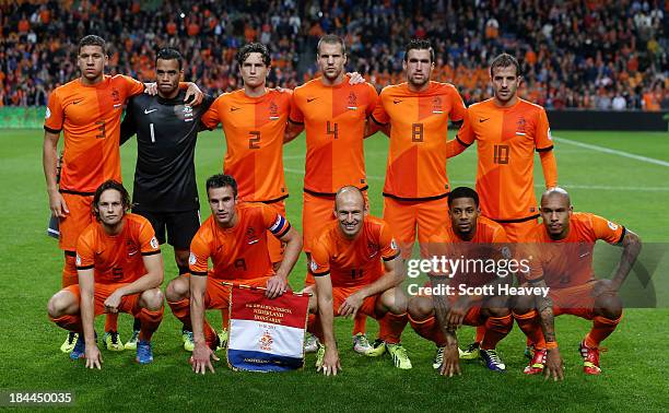 Back row L to R: Jeffrey Bruma, Michel Vorm, Daryl Janmaat, Ron Vlaar, Kevin Strootman, Rafael van der Vaart. Front row L to R: Daley Blind, Robin...