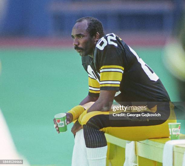 Wide receiver John Stallworth of the Pittsburgh Steelers looks on from the sideline during a National Football League game at Three Rivers Stadium in...