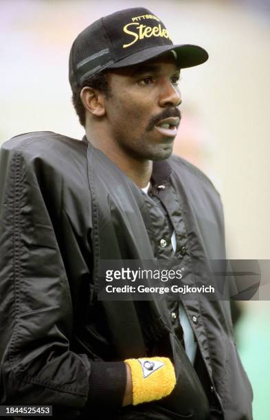 Wide receiver John Stallworth of the Pittsburgh Steelers looks on from the sideline during a National Football League game at Three Rivers Stadium...