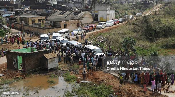 Villagers of Agasti Nuagaon of Ganjam District block the convoy of Odisha Chief Minister Naveen Patnaik during his visit to Phailin affected Ganjam...