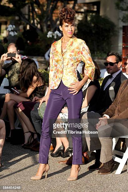 Model walks the runway during the Greg Lavoi spring 2014 runway presentation at Kyoto Gardens on October 13, 2013 in Los Angeles, California.