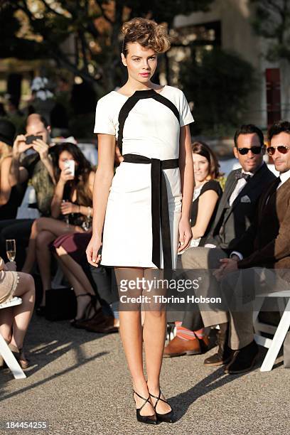 Model walks the runway during the Greg Lavoi spring 2014 runway presentation at Kyoto Gardens on October 13, 2013 in Los Angeles, California.