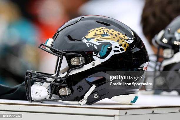 Jacksonville Jaguars helmet on the sideline during the second quarter of the National Football League game between the Jacksonville Jaguars and...