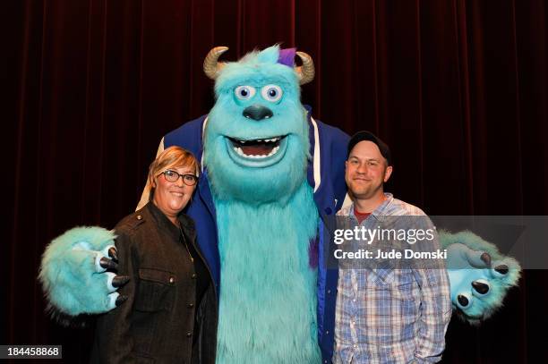 Producer Kori Rae and Director Dan Scanlon with the Pixar character Sulley at Hopkins Center Spaulding Auditorium at Dartmouth College on October 13,...