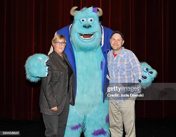 Producer Kori Rae and Director Dan Scanlon with the Pixar character Sulley at Hopkins Center Spaulding Auditorium at Dartmouth College on October 13,...