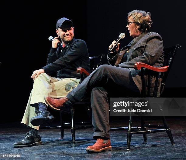 Director Dan Scanlon and Producer Kori Rae on stage during "A Tribute to Pixar" at Hopkins Center Spaulding Auditorium on October 13, 2013 in...