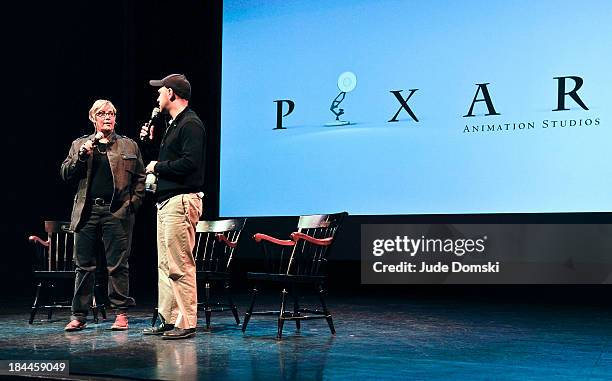 Producer Kori Rae and Director Dan Scanlon on stage during "A Tribute to Pixar" at Hopkins Center Spaulding Auditorium on October 13, 2013 in...