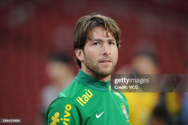 Maxwell of Brazil attends a training session ahead of the international friendly match against Zambia at Beijing National Stadium on October 14, 2013...