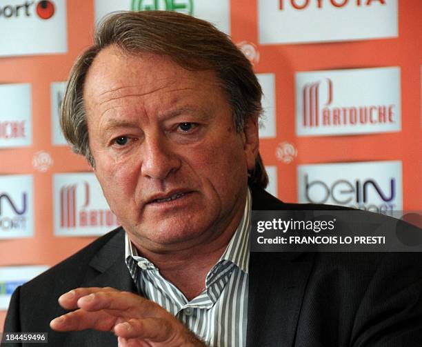 Newly appointed coach of French L1 side Valenciennes Ariel Jacobs gives a press conference during his official presentation, on October 14, 2013 at...