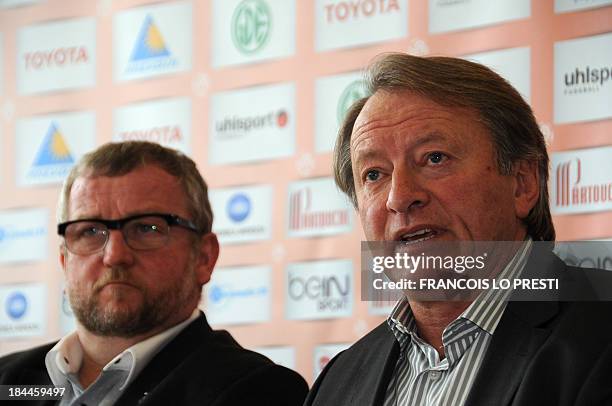 Newly appointed coach of French L1 side Valenciennes, Belgium's Ariel Jacobs gives a press conference next to the club's president Jean-Raymond...