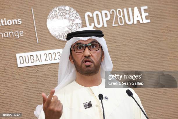 Sultan Ahmed Al Jaber, President of the COP28 UNFCCC Climate Conference, speaks to the media prior to a Majlis meeting of participants on day ten of...