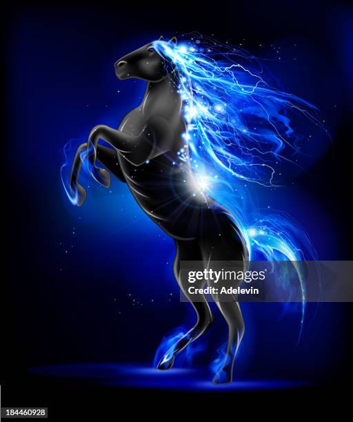 stockillustraties, clipart, cartoons en iconen met blue prancing horse - rearing up