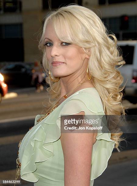Actress Stormy Daniels arrives at the premiere "Forgetting Sarah Marshall" at the Grauman's Chinese Theater on April 10, 2008 in Hollywood,...