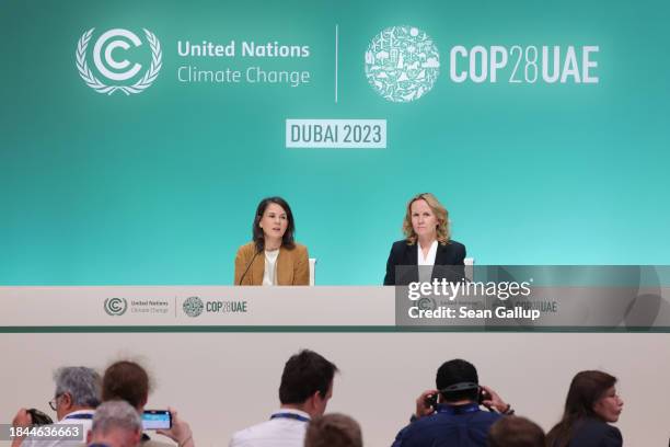 German Foreign Minister Annalena Baerbock and German Environment Minister Steffi Lemke speak to the media on day ten of the UNFCCC COP28 Climate...