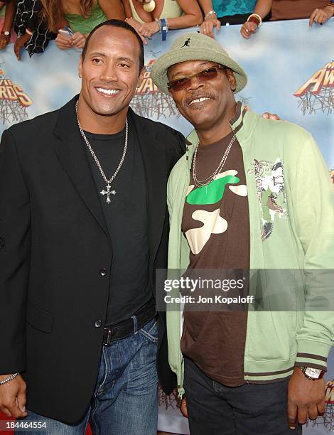 Dwayne "The Rock" Johnson and Samuel L. Jackson during 2005 MTV Movie Awards - Arrivals at Shrine Auditorium in Los Angeles, California, United...