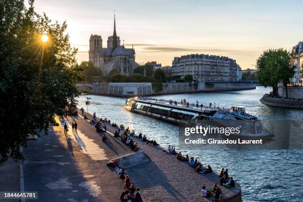 laurent giraudou / paris, the seine river, a bateau bouche is - quai photos et images de collection