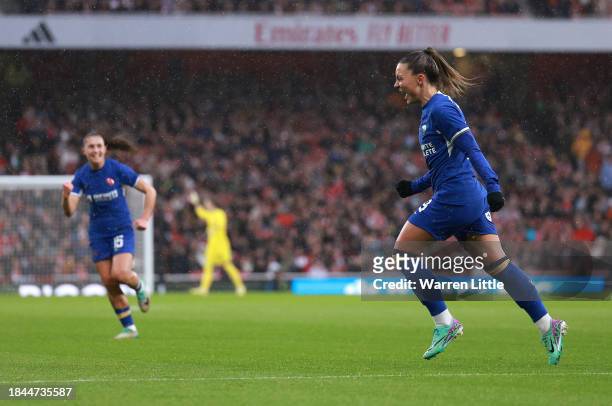 Johanna Rytting Kaneryd of Chelsea celebrates scoring their team's first goal during the Barclays Women's Super League match between Arsenal FC and...