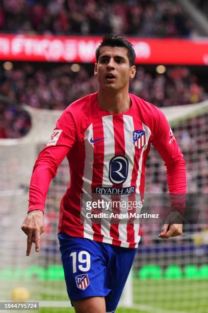 Alvaro Morata of Atletico Madrid celebrates after scoring their team's first goal during the LaLiga EA Sports match between Atletico Madrid and UD...