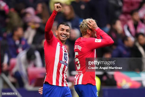 Angel Correa of Atletico Madrid celebrates after scoring their team's second goal during the LaLiga EA Sports match between Atletico Madrid and UD...