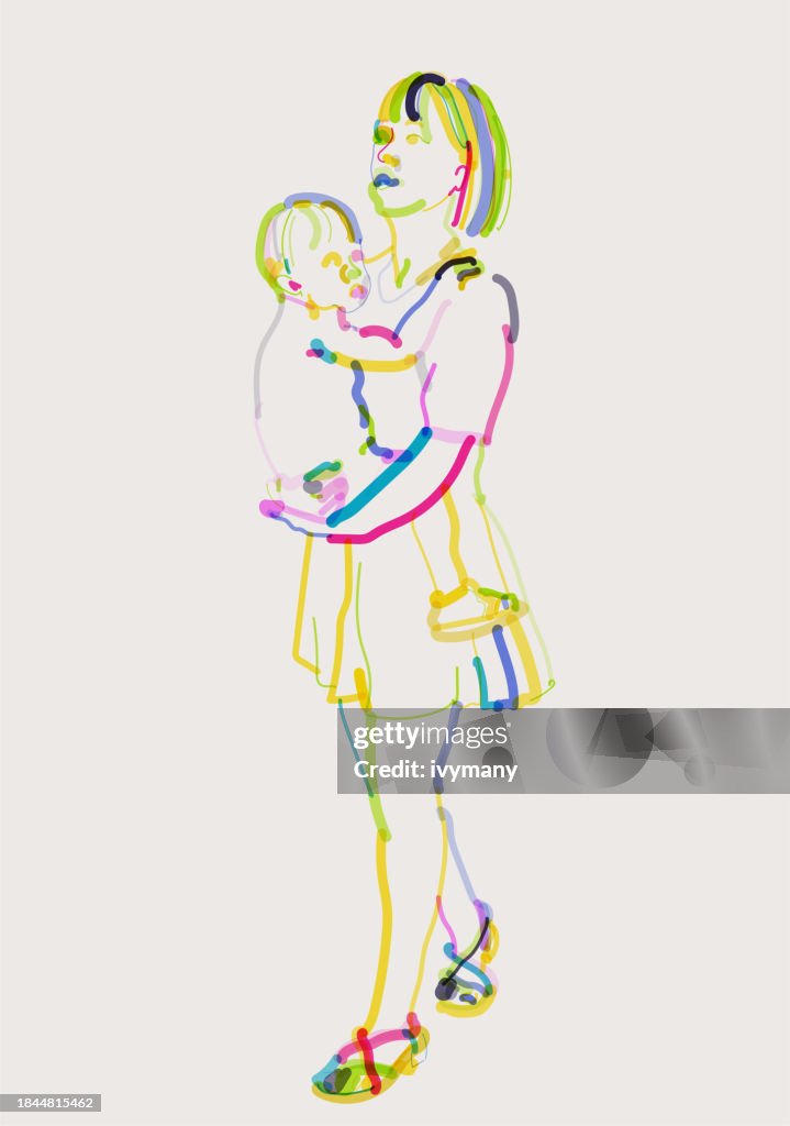 Outline watercolors portrait pattern,woman holding a baby in standing