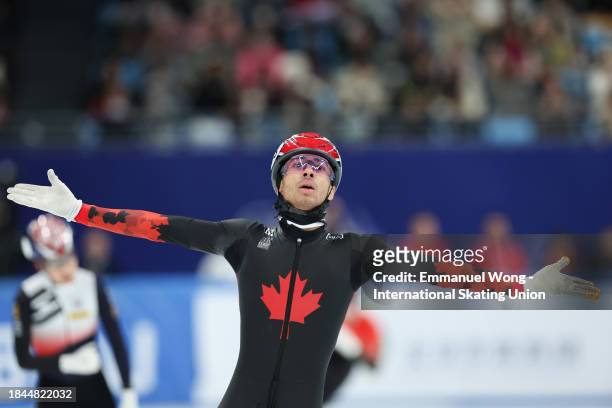 William Dandjinou of team Canada celebrates after winning the Mens 5000M Relay Final during the ISU World Cup Short Track on December 10, 2023 in...