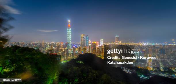 iconic of taiwan with taipei 101 building in the blue hour time and beautiful city light of taipei - taiwan 101 stock pictures, royalty-free photos & images