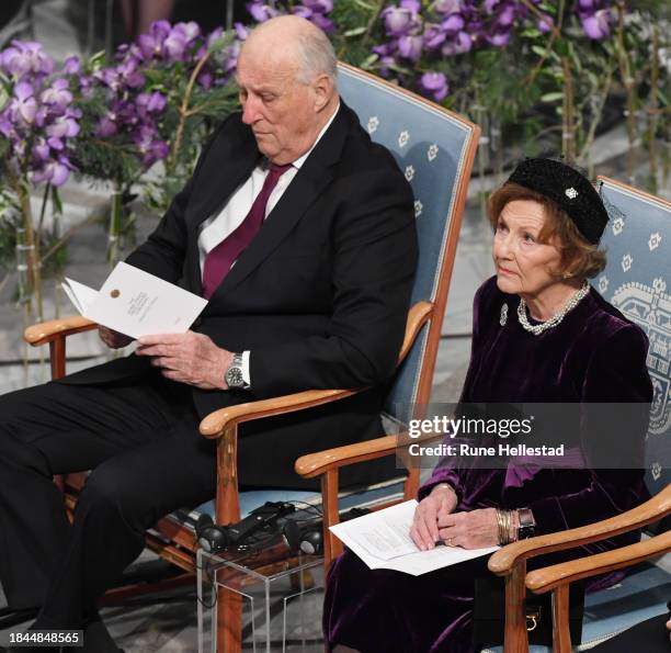King Harald and Queen Sonja attend the Nobel Peace Prize ceremony for laureate Iranian activist Narges Mohammadi at Oslo City Hall on December 10,...