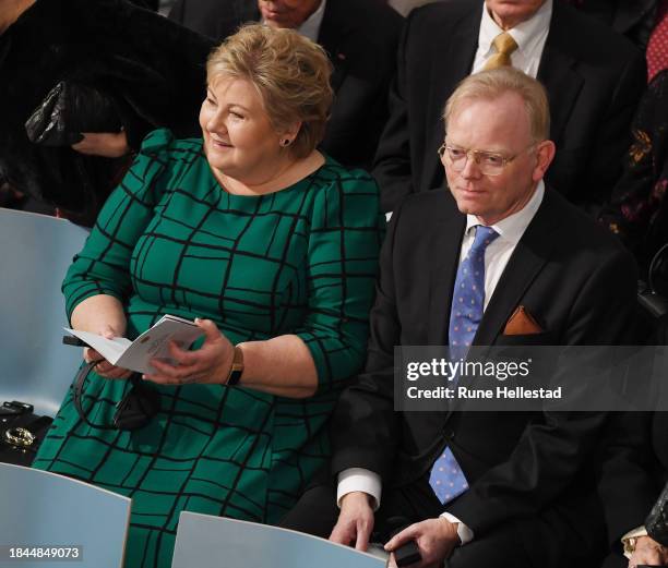 Norwegian politician Erna Solberg and husband Sindre Finnes attend the Nobel Peace Prize ceremony for laureate Iranian activist Narges Mohammadi at...