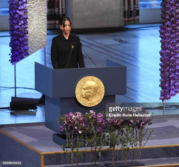 Nobel Peace Prize laureate Iranian activist Narges Mohammadi's daughter Kiana Rahmani attends the Nobel Peace Prize ceremony at Oslo City Hall on...
