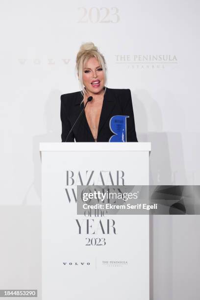 Ajda Pekkan receives lifetime icon award at the Harper's Bazaar Women Of The Year Awards 2023 on December 09, 2023 in Istanbul, Turkey.