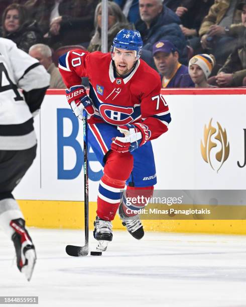 Tanner Pearson of the Montreal Canadiens skates the puck during the second period against the Los Angeles Kings at the Bell Centre on December 7,...