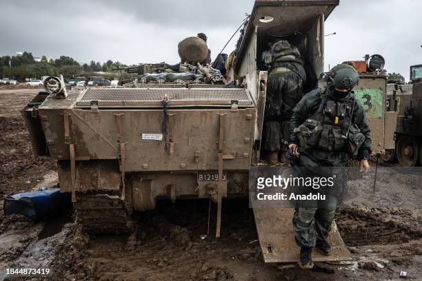 Israeli soldiers, tanks, howitzers and armored vehicles are seen as Israeli military mobility continues on the Gaza border, in Nahal Oz, Israel on...