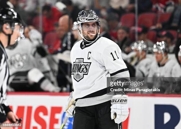 Anze Kopitar of the Los Angeles Kings skates during the third period against the Montreal Canadiens at the Bell Centre on December 7, 2023 in...