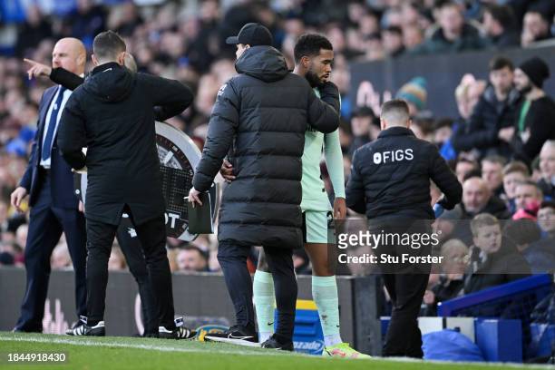 Reece James of Chelsea is embraced by Mauricio Pochettino, after being substituted off following an injury during the Premier League match between...