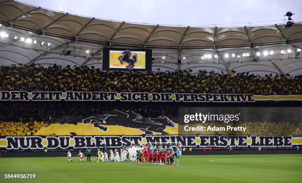 General view inside the stadium as fans unveil banners prior to the Bundesliga match between VfB Stuttgart and Bayer 04 Leverkusen at MHPArena on...