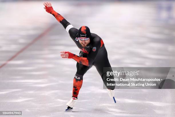 Laurent Dubreuil of Canada competes in the 2nd 500m Men race on Day 3 of the ISU World Cup Speed Skating at Arena Lodowa on December 10, 2023 in...