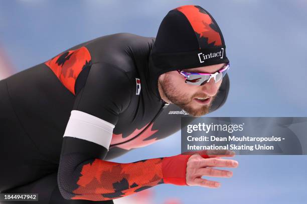 Laurent Dubreuil of Canada competes in the 2nd 500m Men race on Day 3 of the ISU World Cup Speed Skating at Arena Lodowa on December 10, 2023 in...