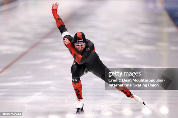 Laurent Dubreuil of Canada competes in the 2nd 500m Men race on Day 3 of the ISU World Cup Speed Skating at Arena Lodowa on December 10, 2023 in...