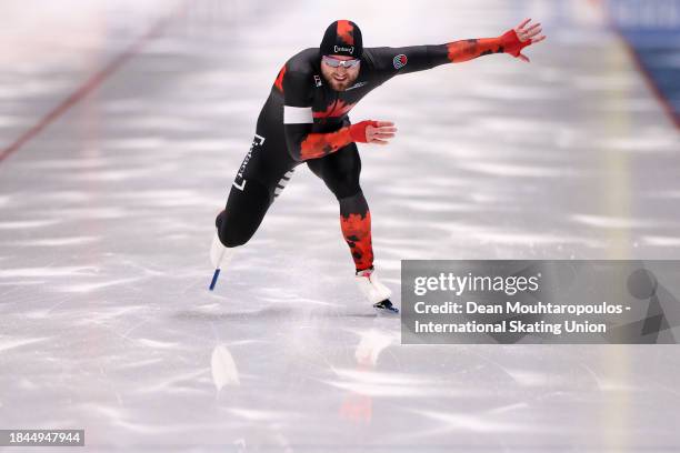 Laurent Dubreuil of Canada competes in the 2nd 500m Men race on Day 3 of the ISU World Cup Speed Skating at Arena Lodowa on December 10, 2023 in...