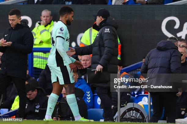 Mauricio Pochettino, manager of Chelsea, talks with Reece James of Chelsea as he is substituted off in the first half during the Premier League match...