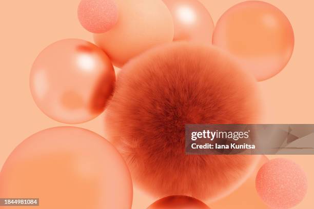 color trend 2024 peach fuzz concept. beautiful pastel pink, orange 3d circles, spheres, bubbles, drops. futuristic gentle background. abstract surrealism pattern, composition. design element. - colour sample stock pictures, royalty-free photos & images