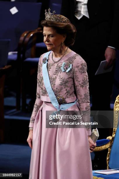 Queen Silvia of Sweden attends the Nobel Prize Awards Ceremony 2023 at Stockholm Concert Hall on December 10, 2023 in Stockholm, Sweden.