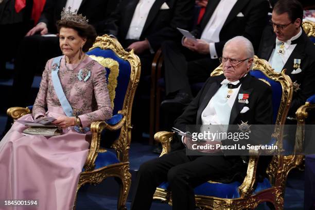 Queen Silvia of Sweden and King Carl XVI Gustaf of Sweden attendthe Nobel Prize Awards Ceremony 2023 at Stockholm Concert Hall on December 10, 2023...