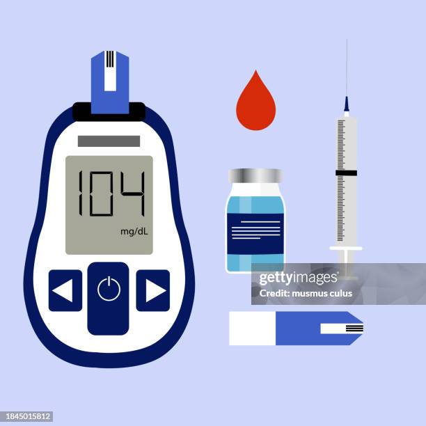 insulin, insulin and blood glucose meter, blood drop, blood glucose meter kit - glucose chart stock illustrations