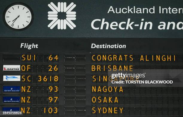 Flight departure announcement board congratulates Alinghi SUI-64 for their resounding victory in the 31st America's Cup at Auckland International...